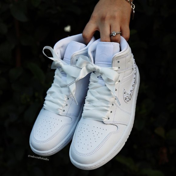 Wedding Sneakers for Bride Personalized Jordan 1 Mid with Rhinestones & Pearls - Picture 7 of 8